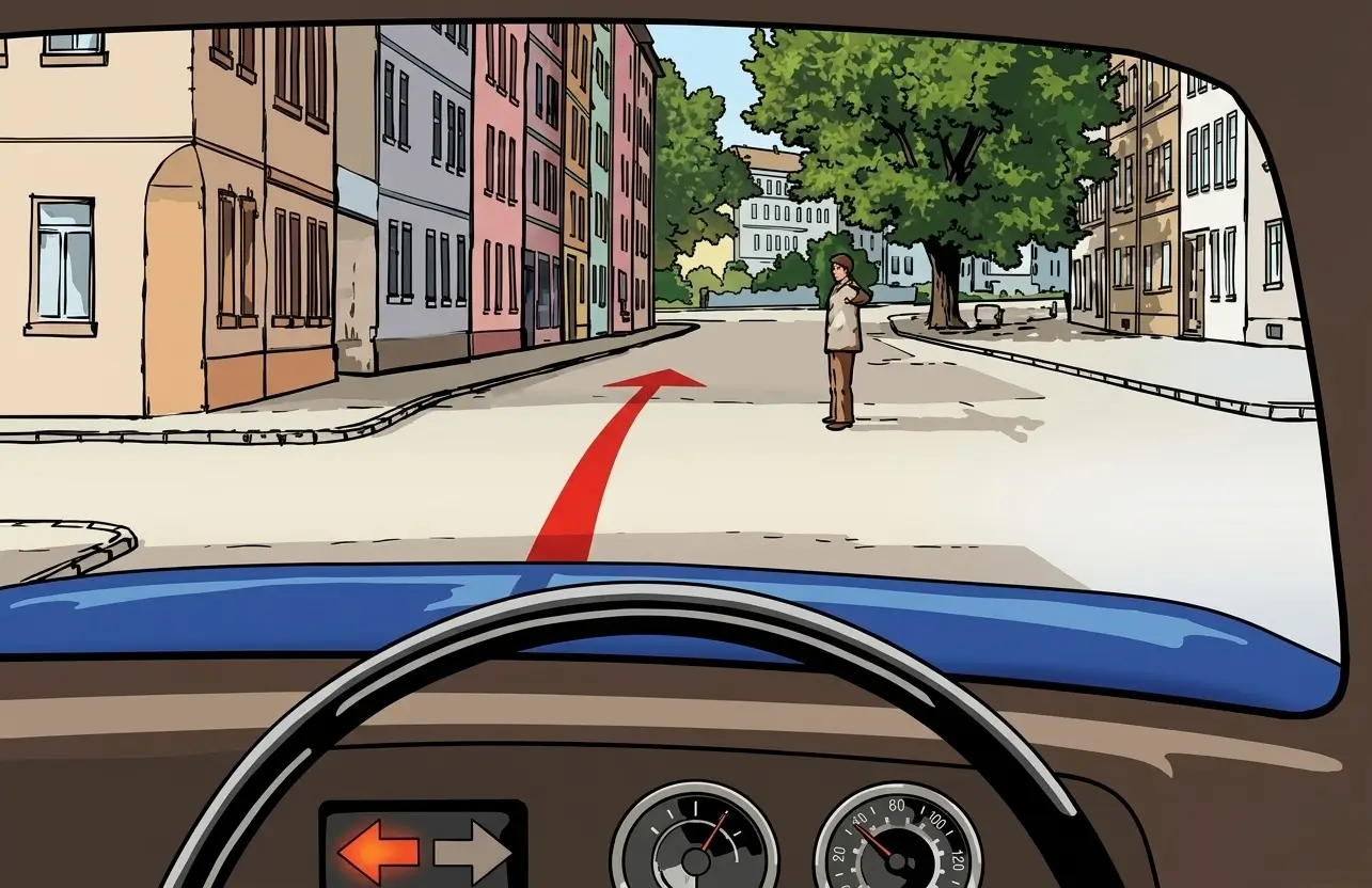Driver's view approaching a pedestrian crossing with a pedestrian walking across the road